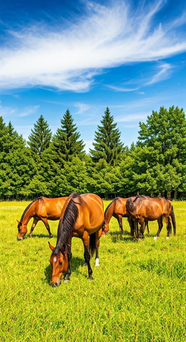 Horses Grazing in Meadow: Impressionist Style