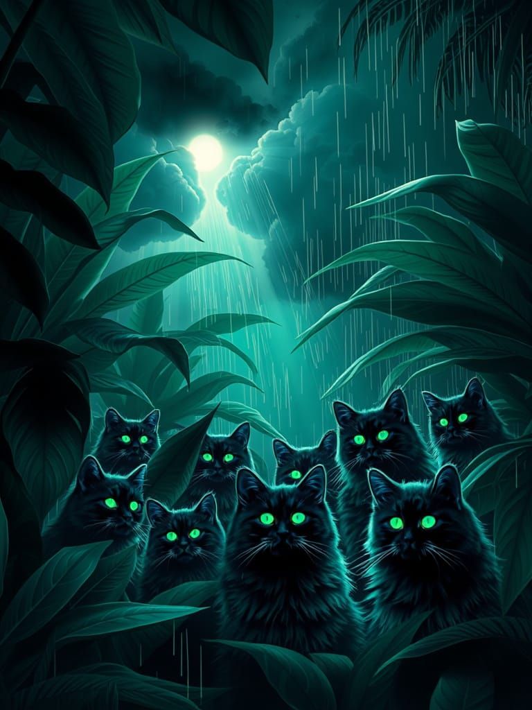 Bioluminescent Cats in Neon Rain, Digital Art