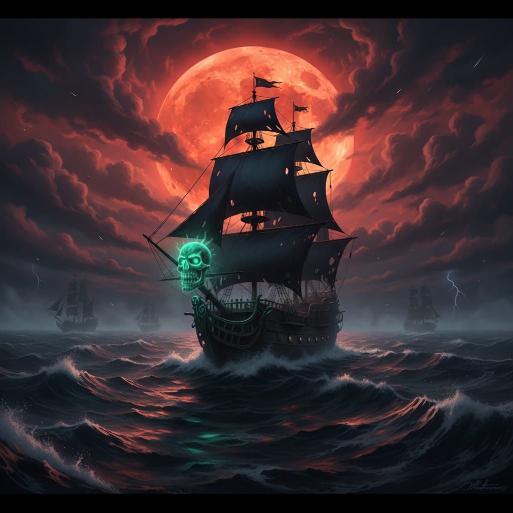Ghost Pirate Ship in Fiery Moonlight