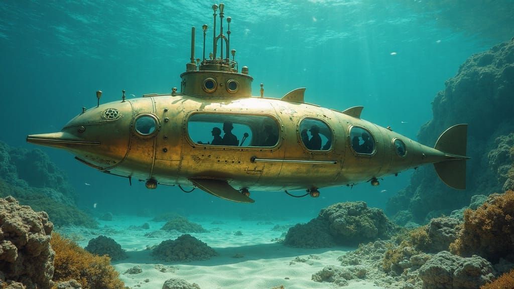 Steampunk Dolphin Submarine in Clear Water