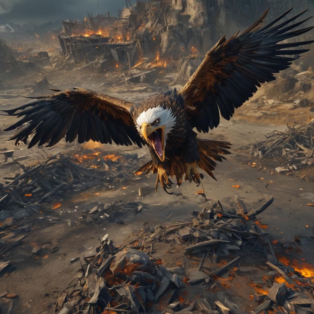 Fierce Eagle in Apocalyptic Landscape: Fantasy Matte Paintin...