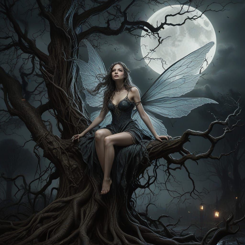 Dark Fairy Amidst Twisted Roots in a Haunting Moonlit Scene