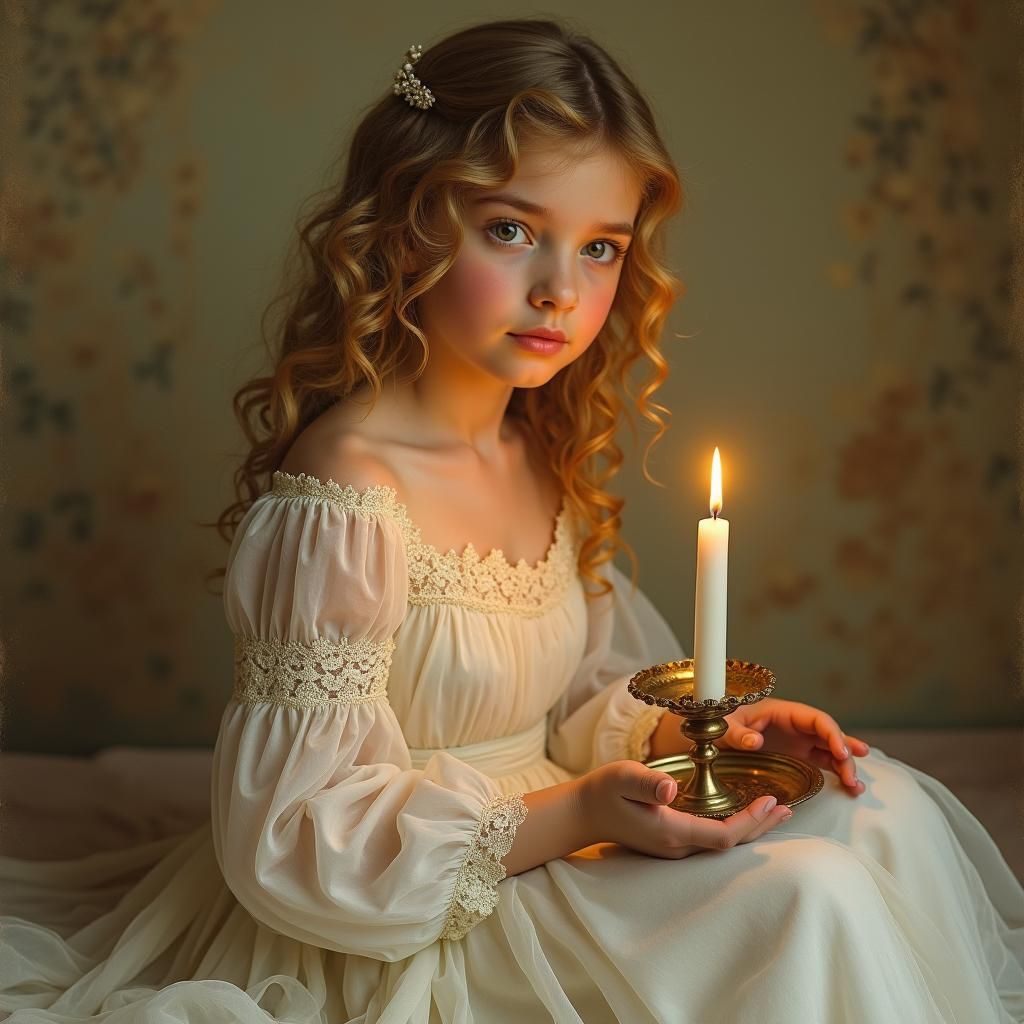 Girl with Candle in Ethereal 19th-Century Style