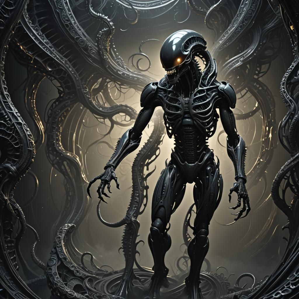 Alien Xenomorph in Dark Chamber with Abstract Fractals