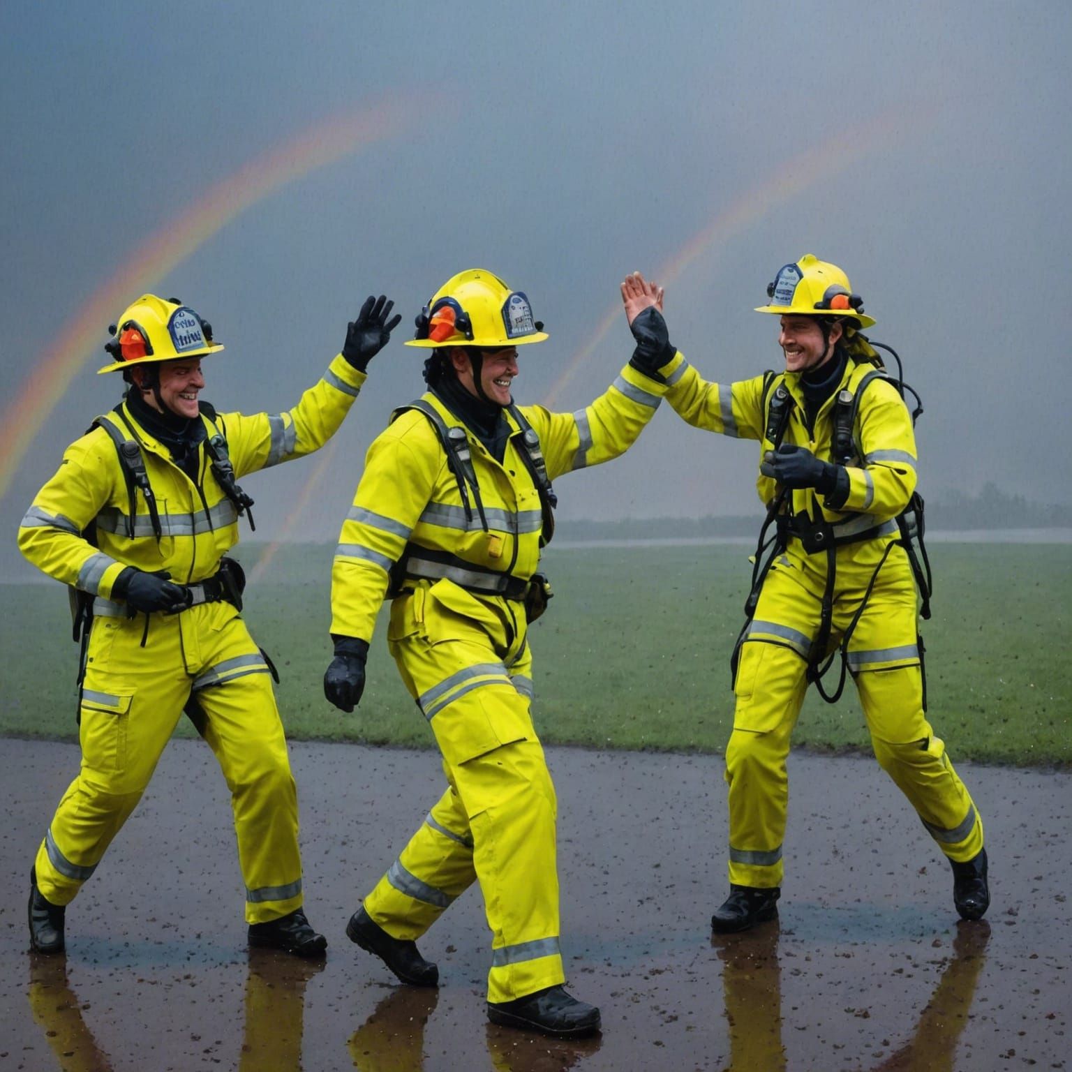 Firefighters Dancing in the Rain Under Rainbow Sky