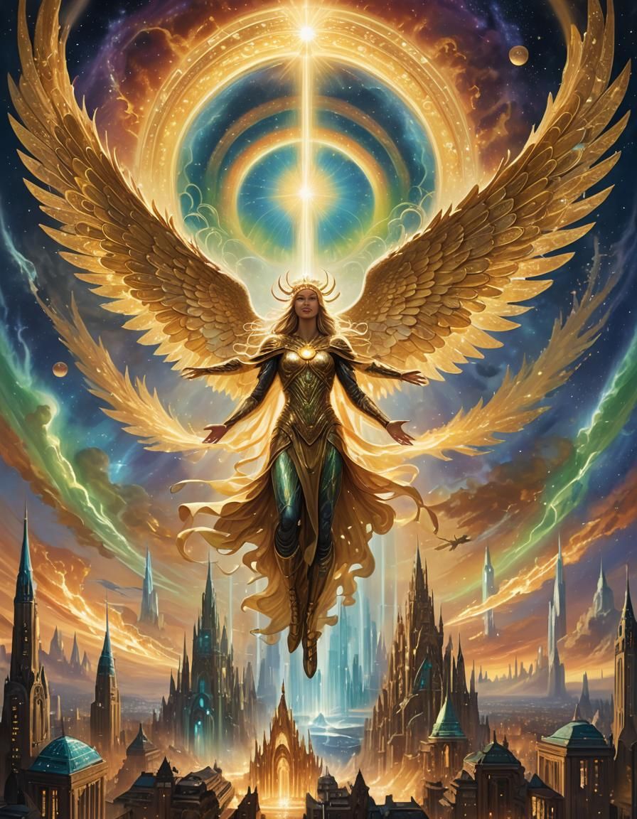 Celestial Being Descends into Metropolis at Dusk