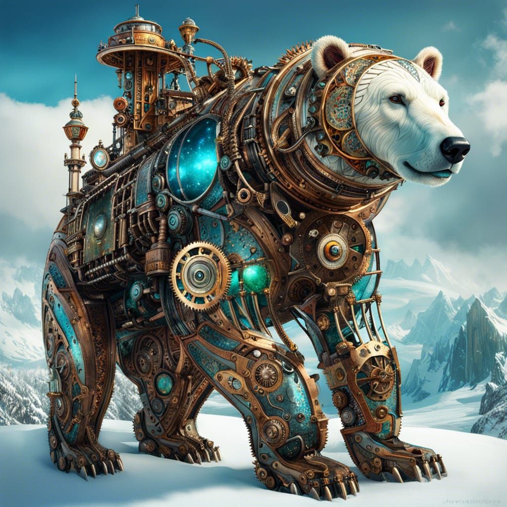 Steampunk Polar Bear in Winter Fantasy Landscape
