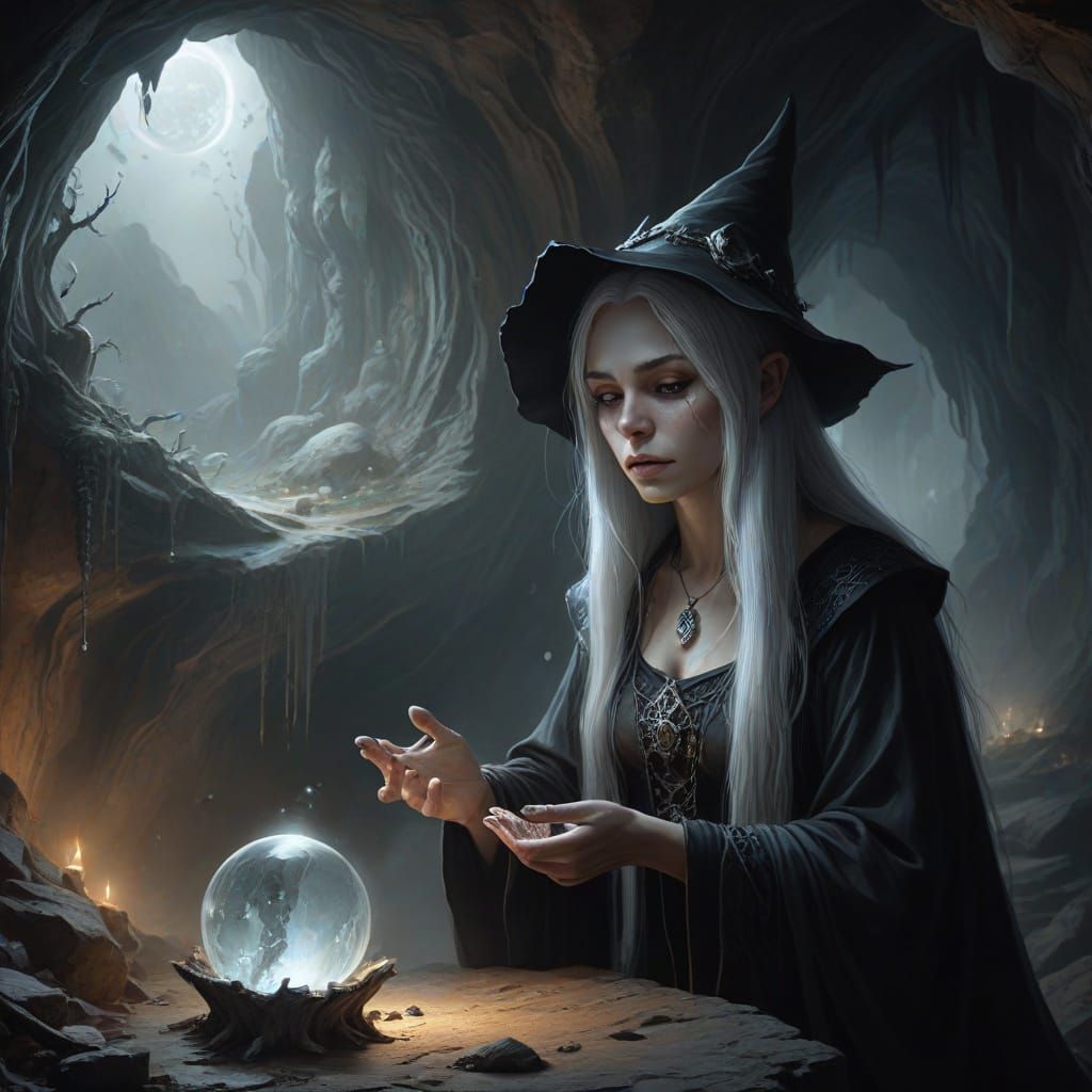 Crying Witch with Crystal Sphere in Dark Cave