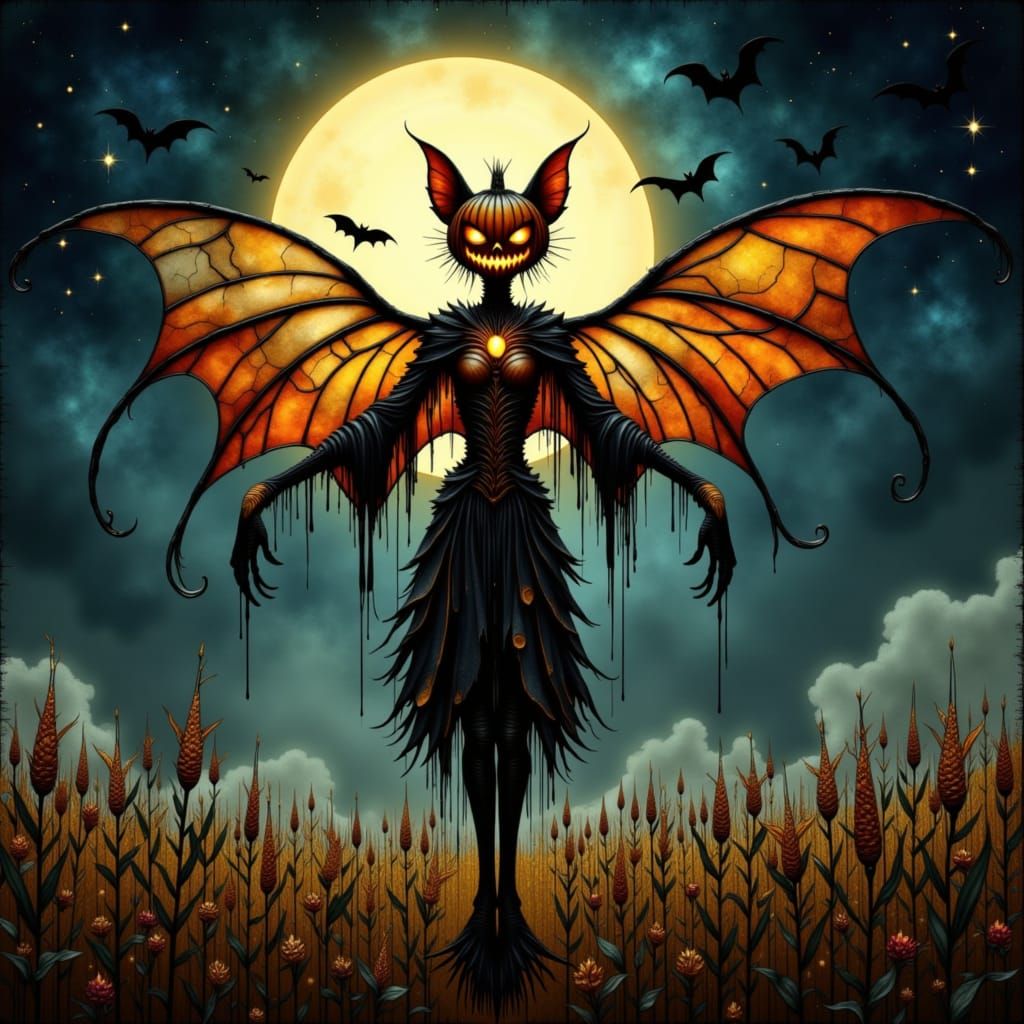 Spooky Bat-Scarecrow Hybrid in Moonlit Cornfield