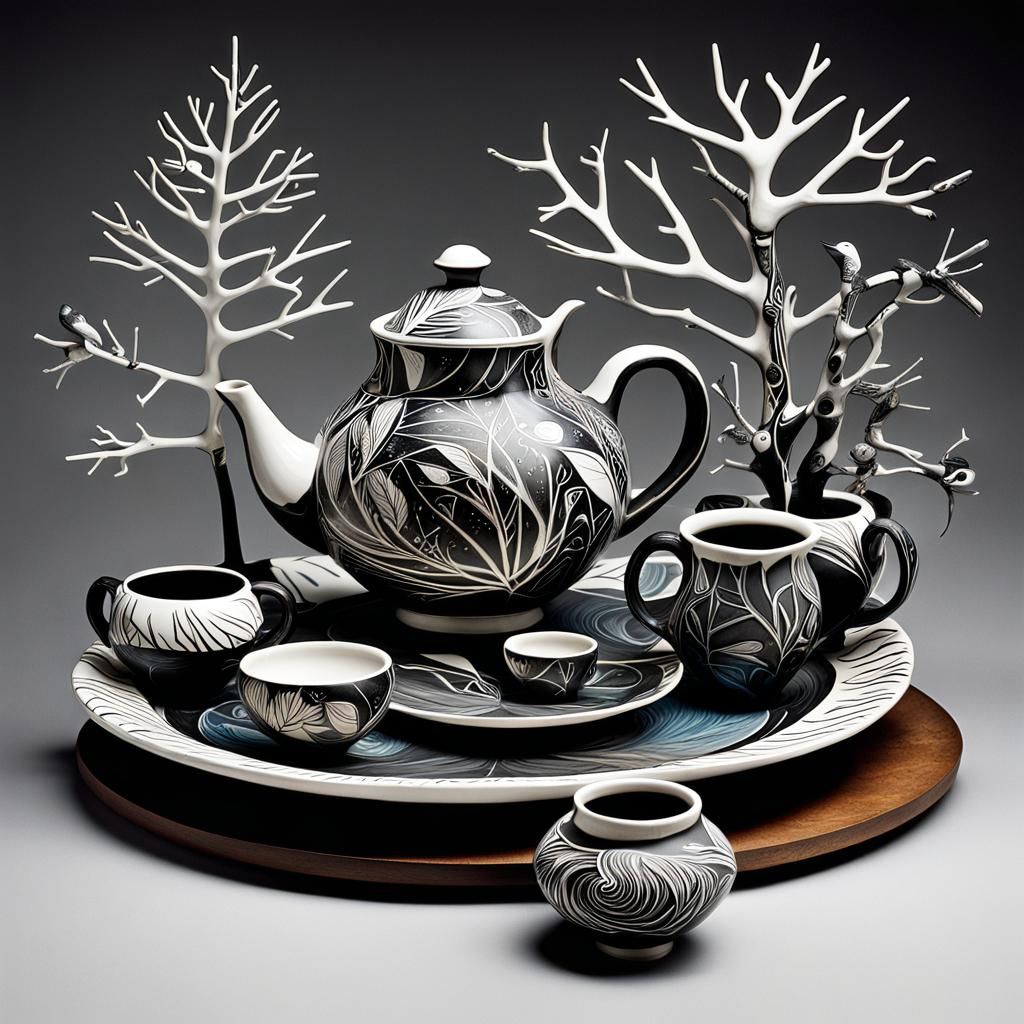 Surreal Clay Pottery Tea Set in Grayscale