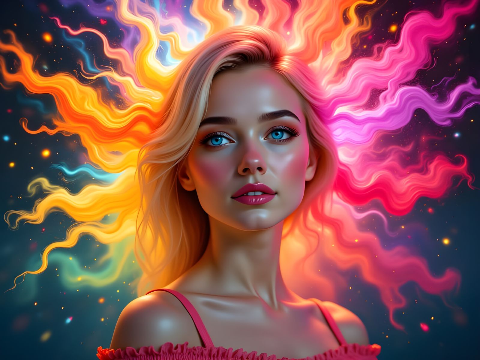 Woman Amidst Explosive Colorful Background