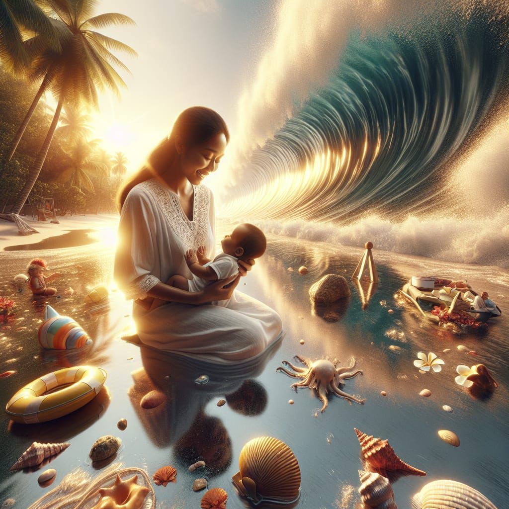 Tsunami Threatens Mother and Baby on Tropical Beach