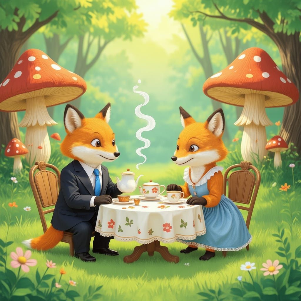 Woodland Creatures Tea Party Amidst Giant Mushrooms