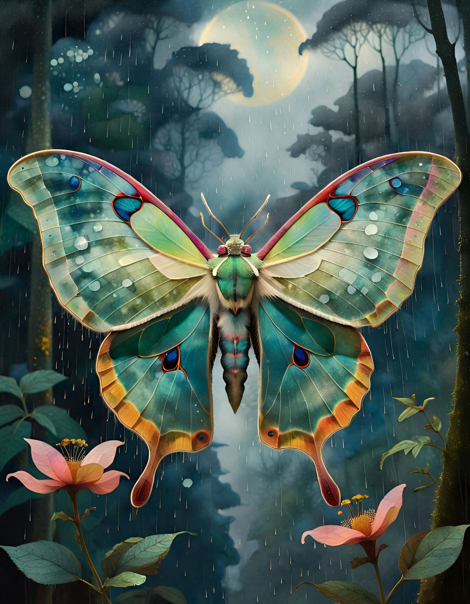 Luna Moth in Rainy Rainforest, Magical Realism Style