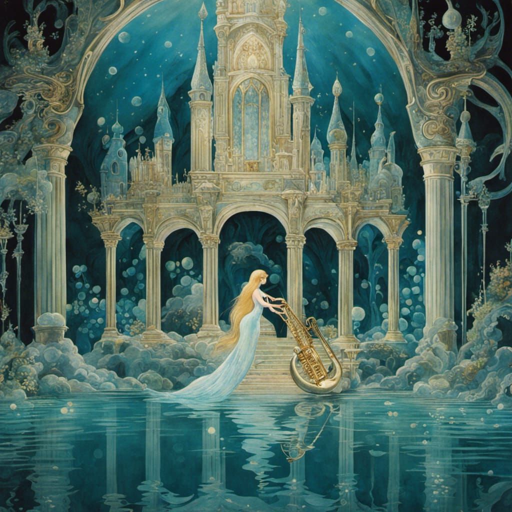 Mermaid Princess Saxophone in Underwater Castle, Illustratio...