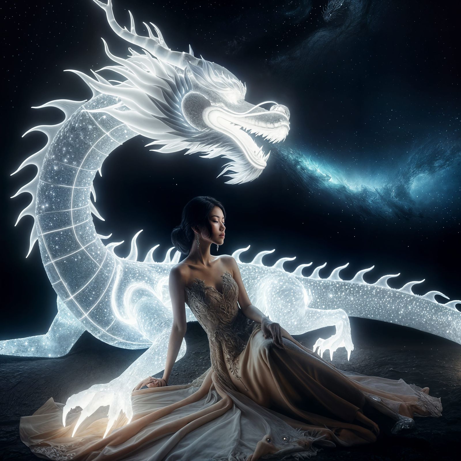 Mystical Woman and Dragon Under Starry Sky