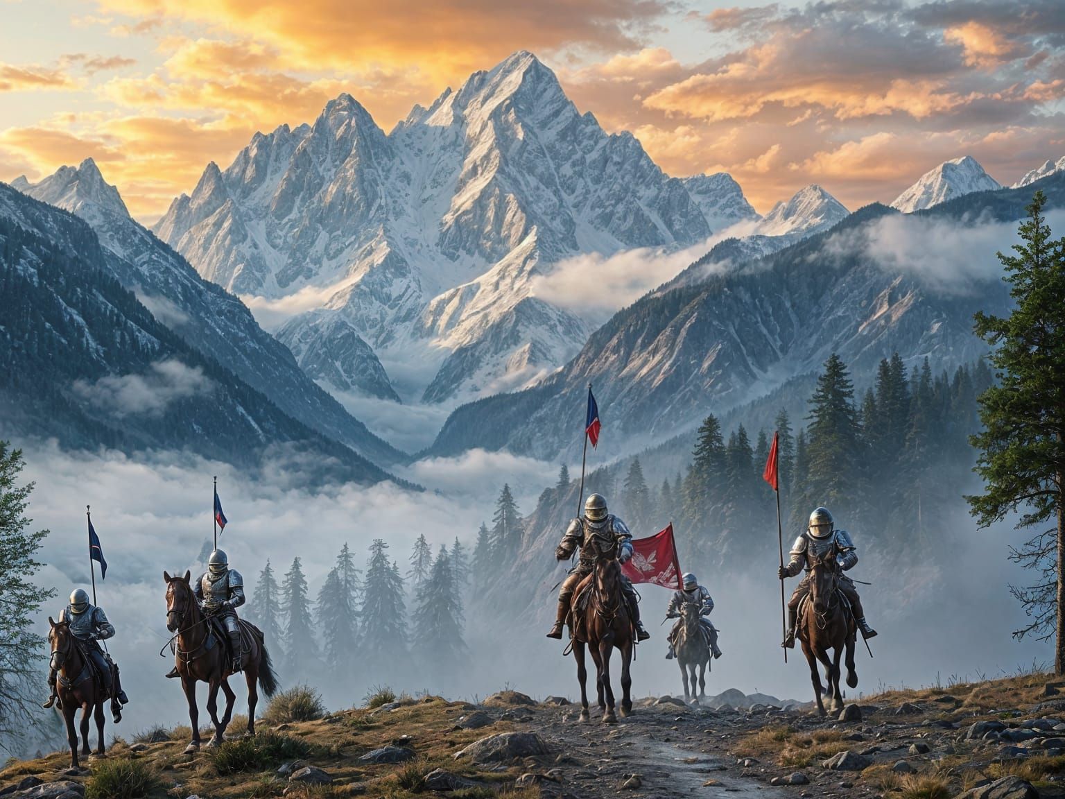 Majestic Mountain Range with Knights, Surreal 3D Render