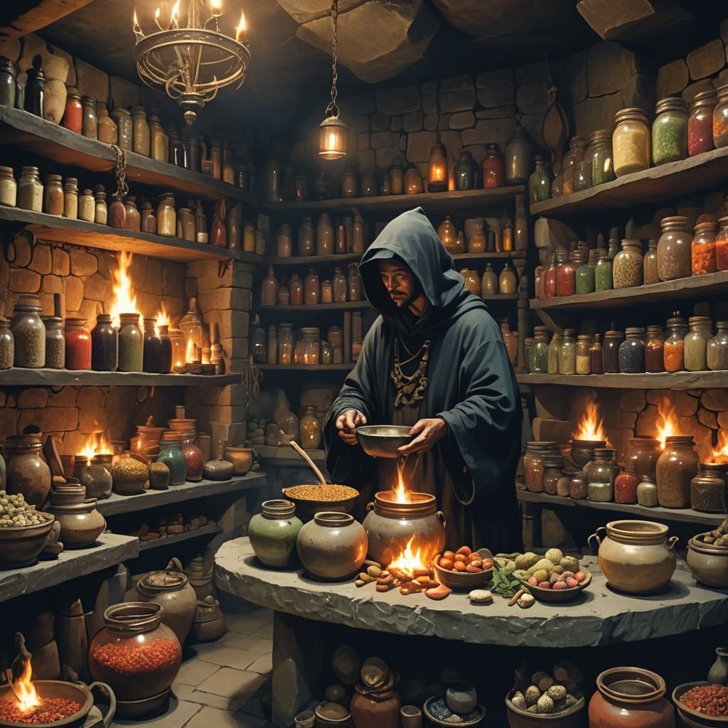 Mysterious Alchemist Chamber with Bubbling Potions