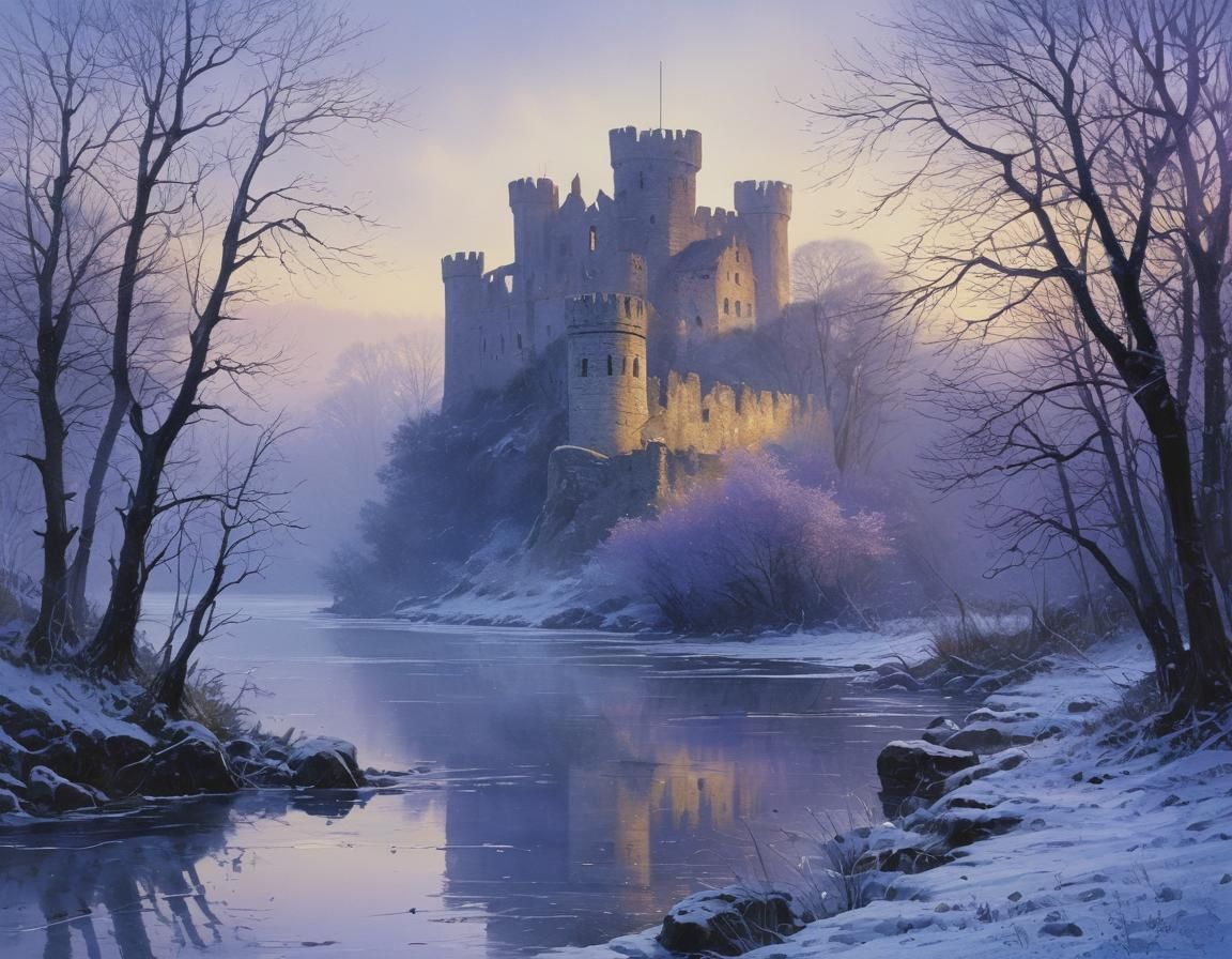 Castle Ruins in Icy Mist Watercolor