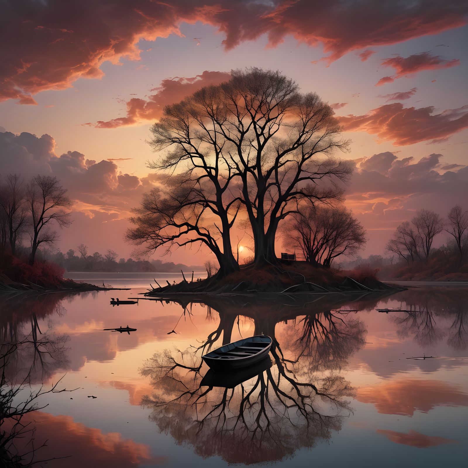Fishing Boat at Sunset in Serene Lagoon