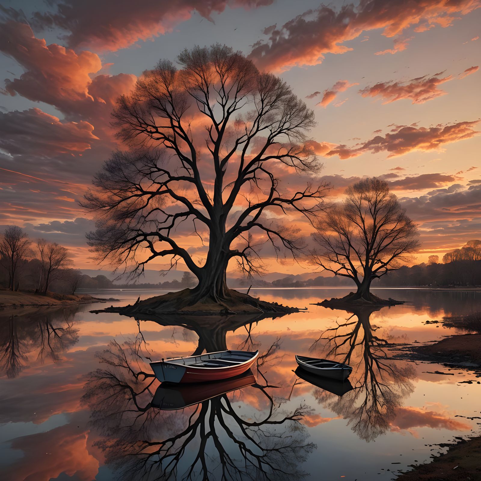 Serene Lagoon with Trees and Boat at Sunset