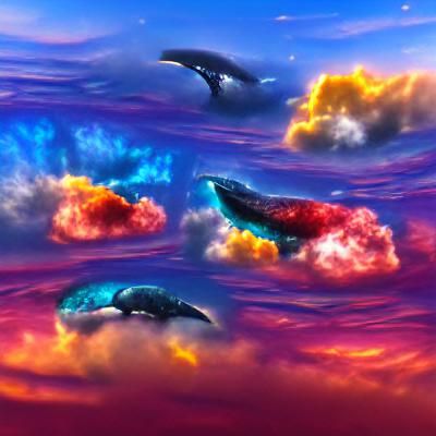 Whales Swimming in a Colorful Sky