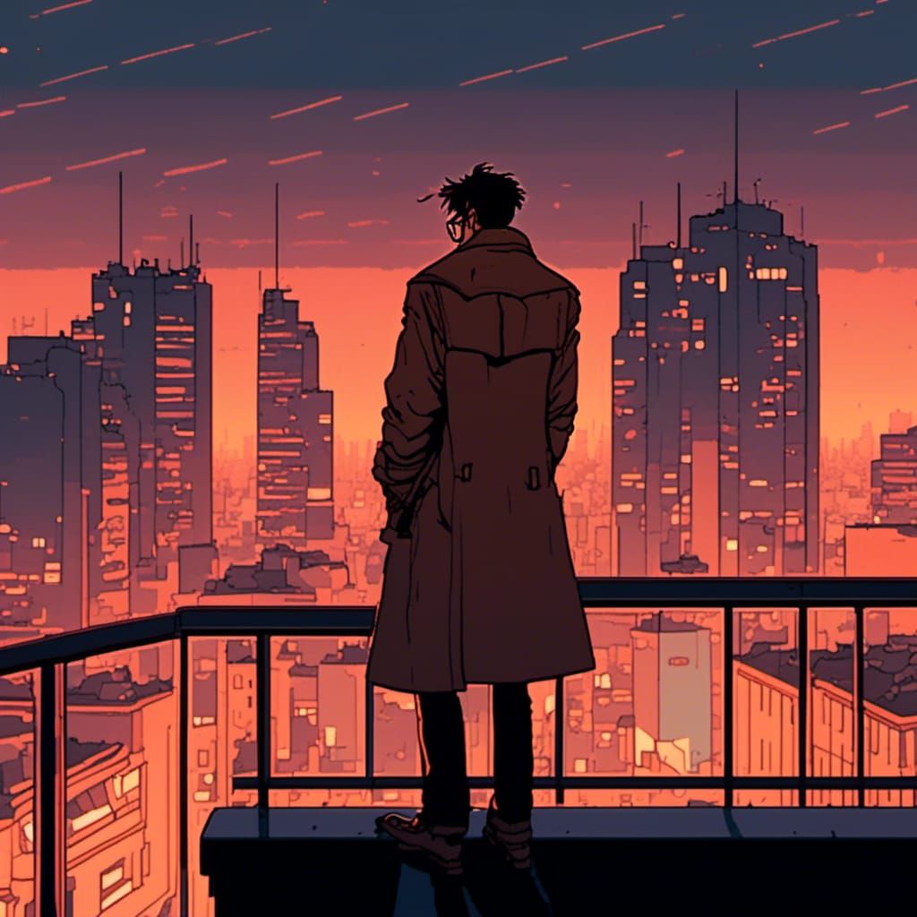 Cyberpunk Man Watches Sunset in 32-bit Pixel Art