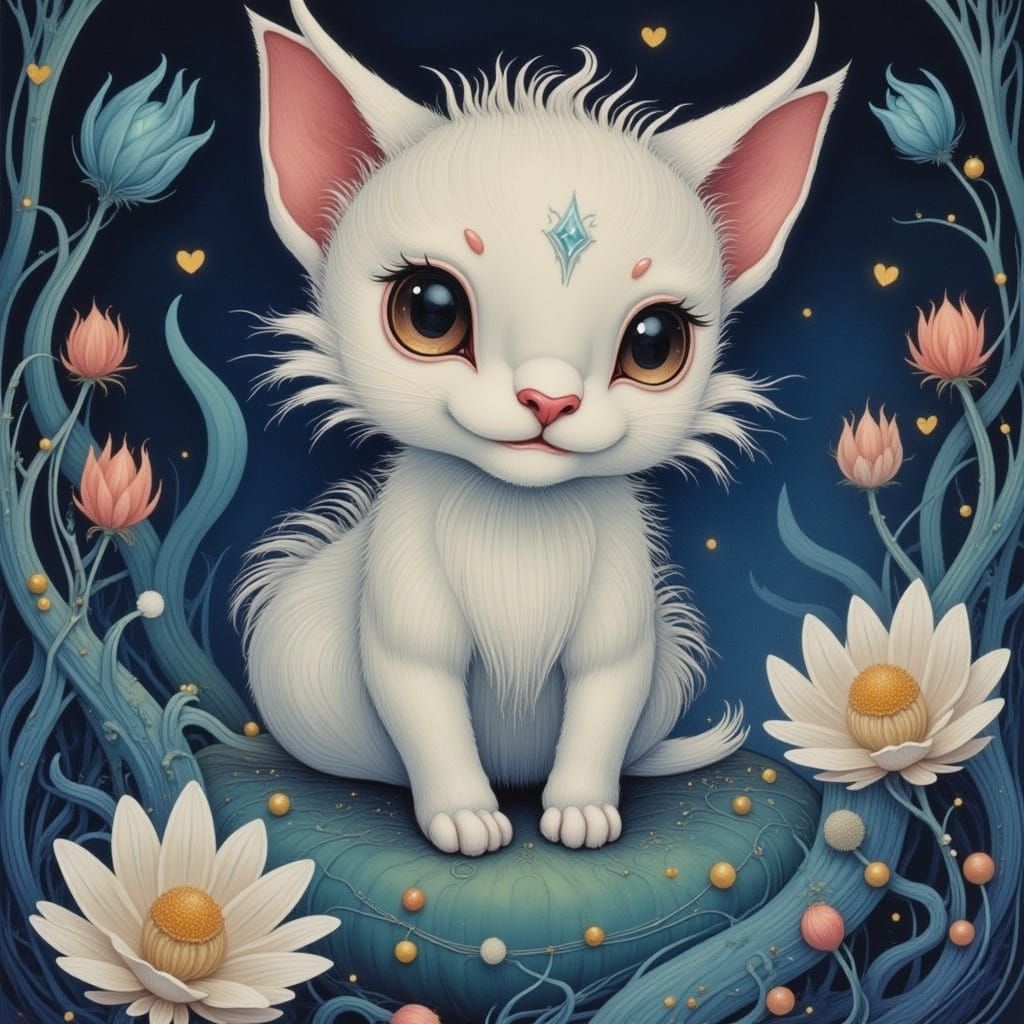 Cute Cat in Flower Garden with Heart Lights