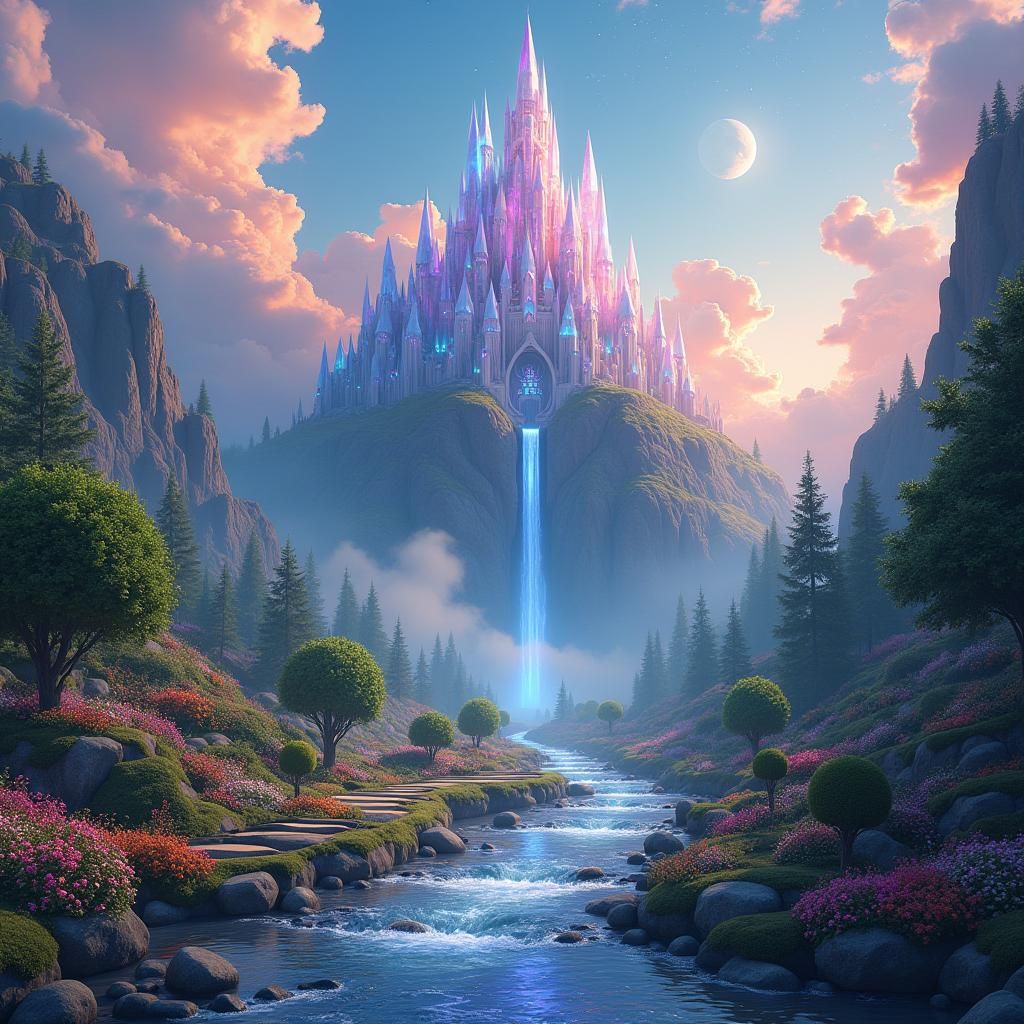 Crystal Castle in Colorful Clouds, Fantasy Concept Art