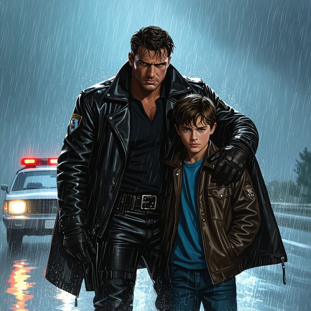 Highway Patrol Cop Shelters Boy in Storm, Cinematic Art