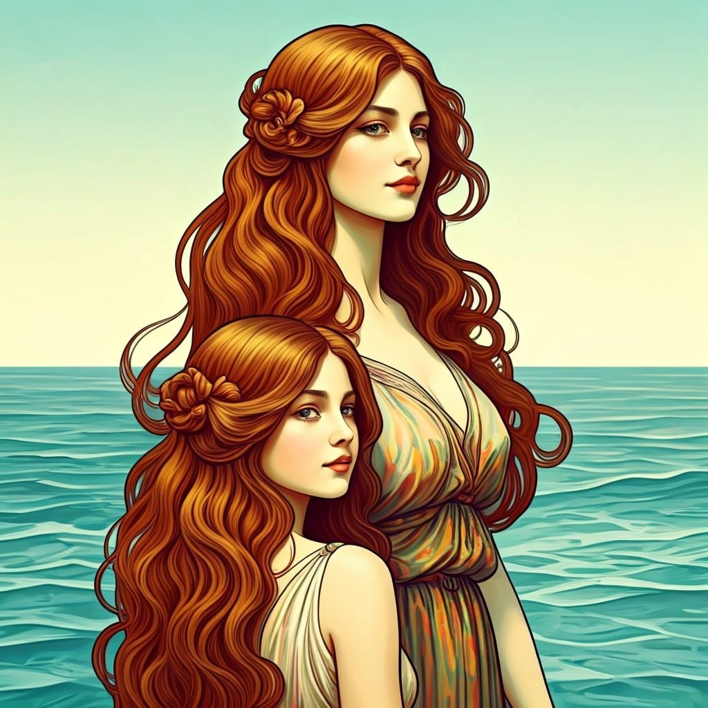Mother and Daughter Beach Scene in Art Nouveau Style