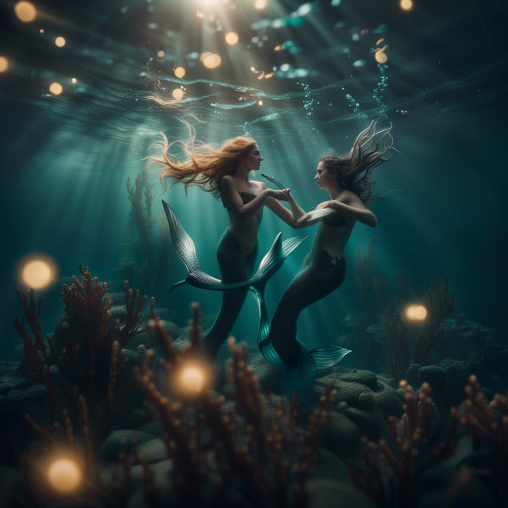 Underwater Mermaids with Tridents in Realistic Style