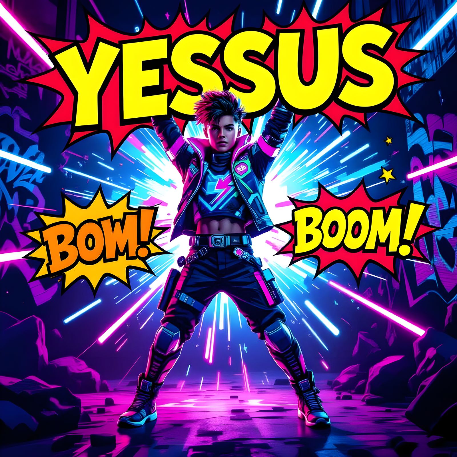 Neon Superhero Graphic Art: Gaming Challenge