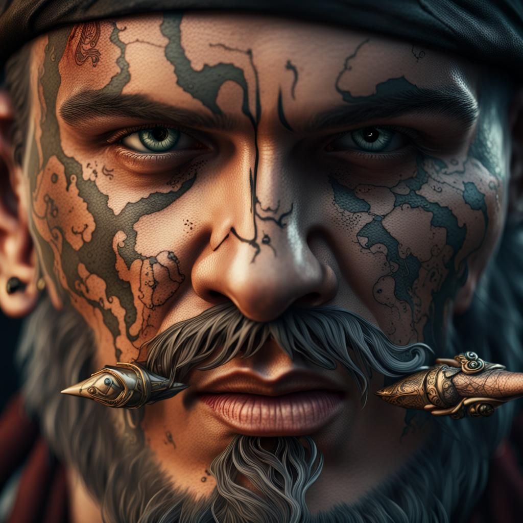 Pirate Face with Map Tattoo: Detailed Digital Painting