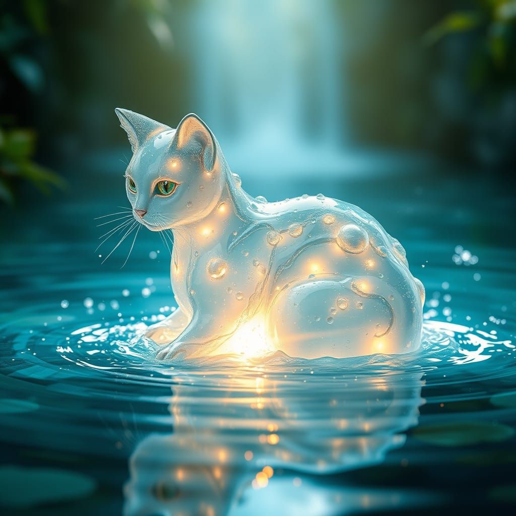 Surreal Water-Cat Emerges from Cascading Waterfall in Ethere...
