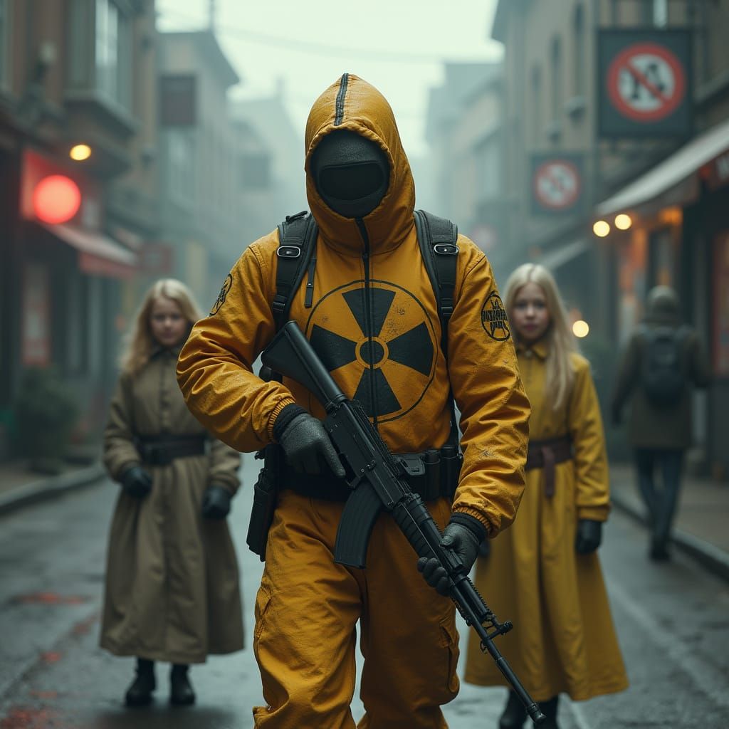 Stalker-Inspired Warrior with AK-47 in Foggy Street