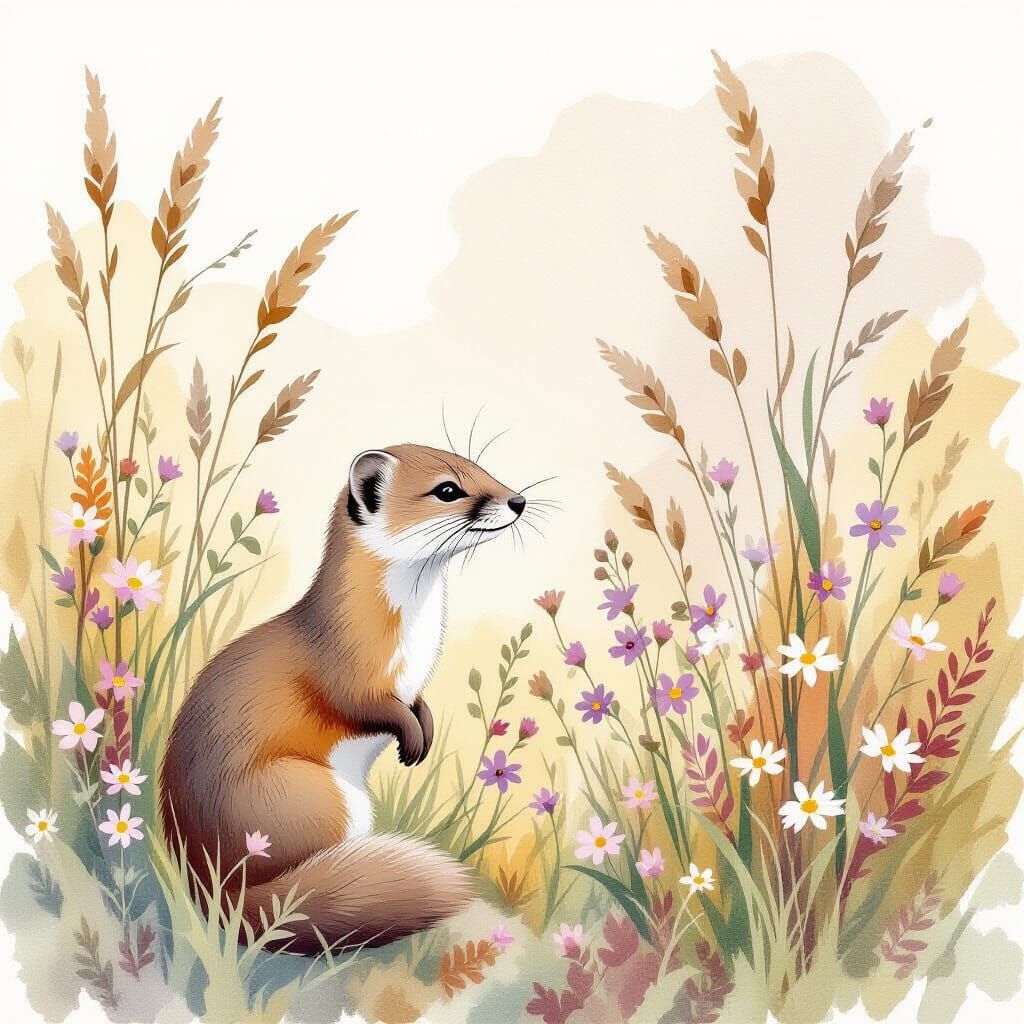 Stoat Portrait in Pastel Watercolor Meadow