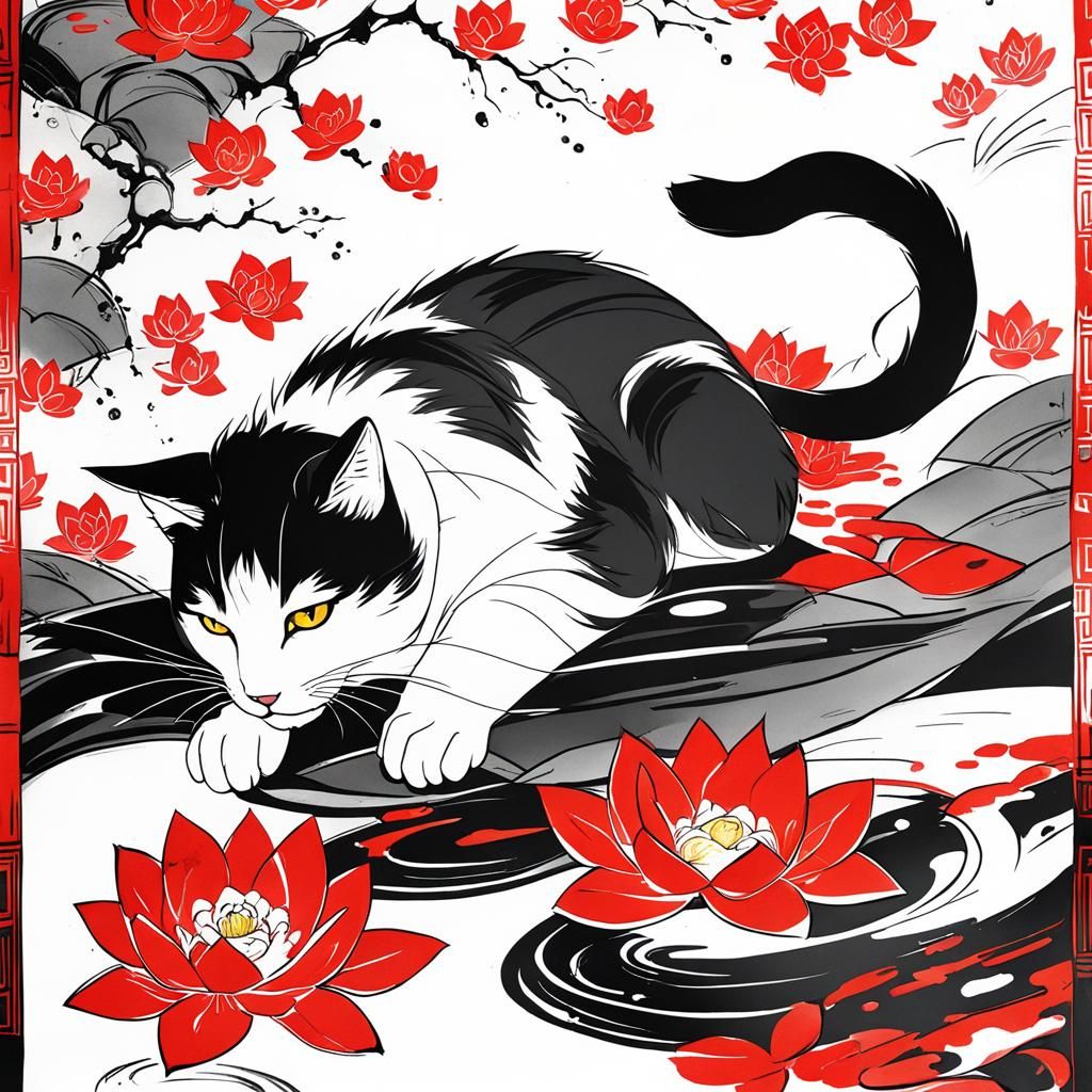 Cat Paints Lotuses in Japanese Anime Style