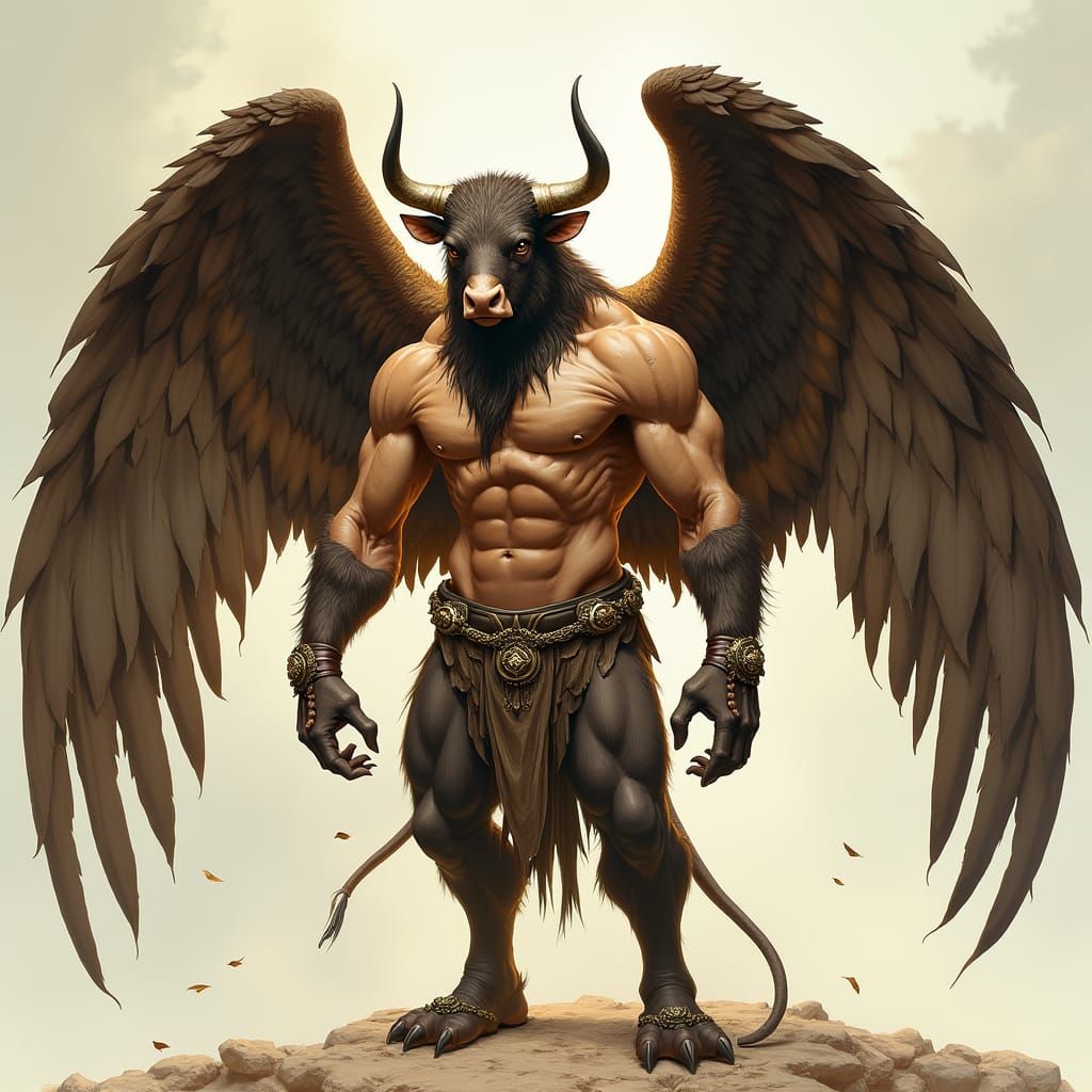 Muscular Human Form Fused with Bull and Eagle in Fantasy Sty...