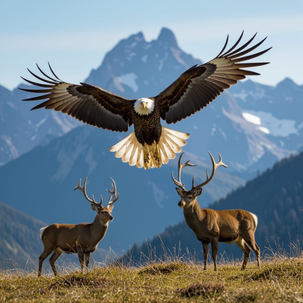 Vulture Flying Over Mountain with Deer