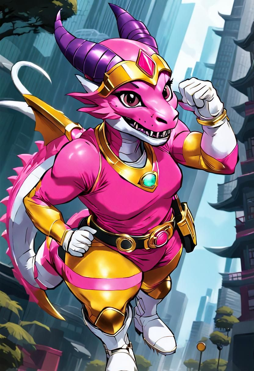 Gigantic Pink Dragon Kaiju with Power Ranger Suit