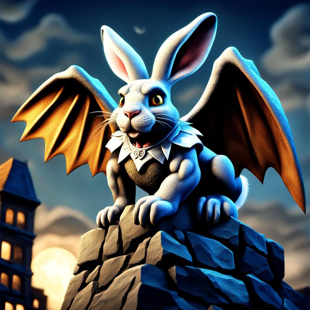 Gargoyle Rabbit: Hyperrealistic Oil Painting on Building