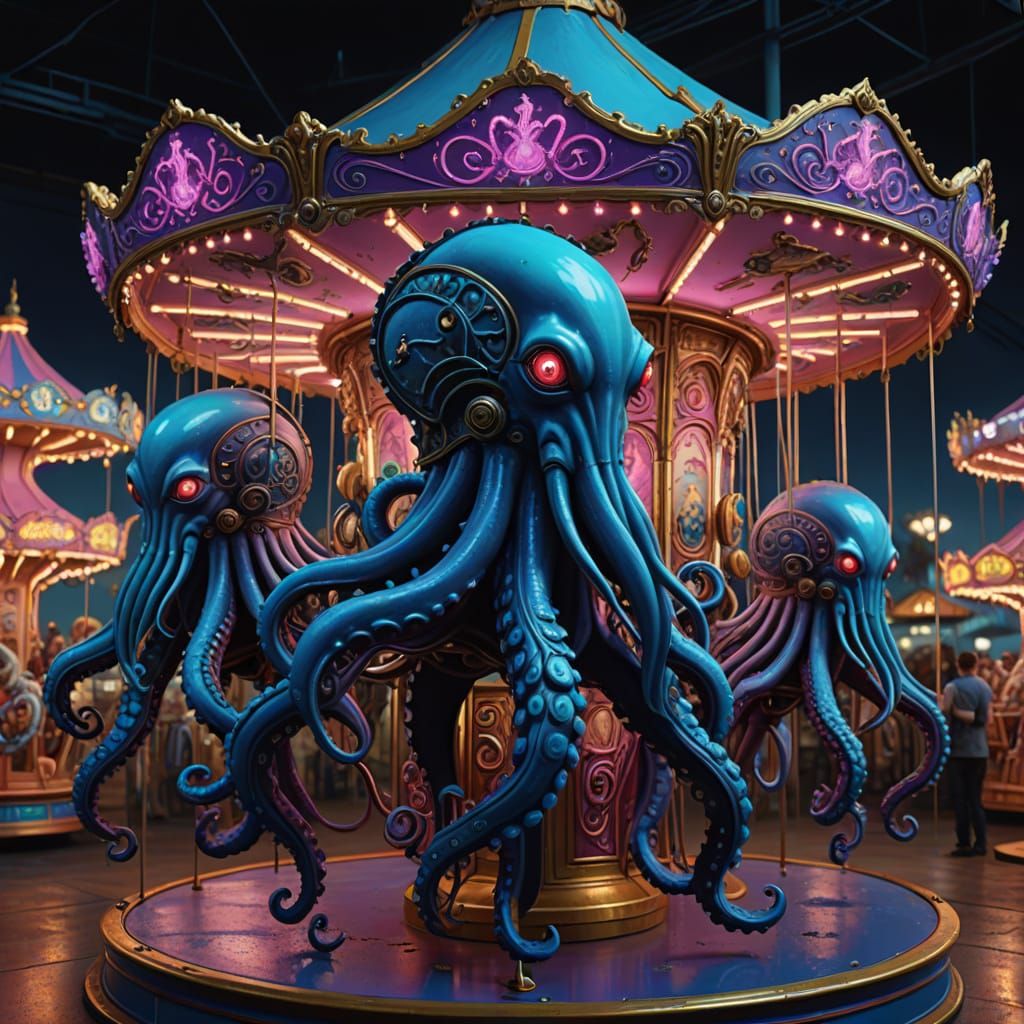 Android Octopi Carousel in Neon Dreamscape