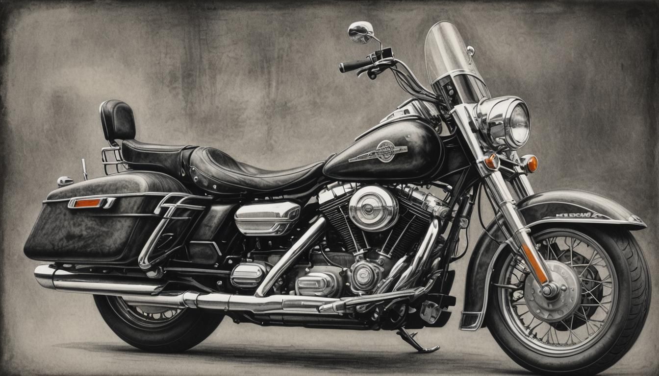 Vintage 1960s Harley Davidson Electra Glide Charcoal Drawing