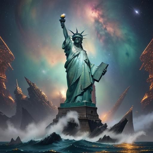 Statue of Liberty Swimming in Space, Digital Art