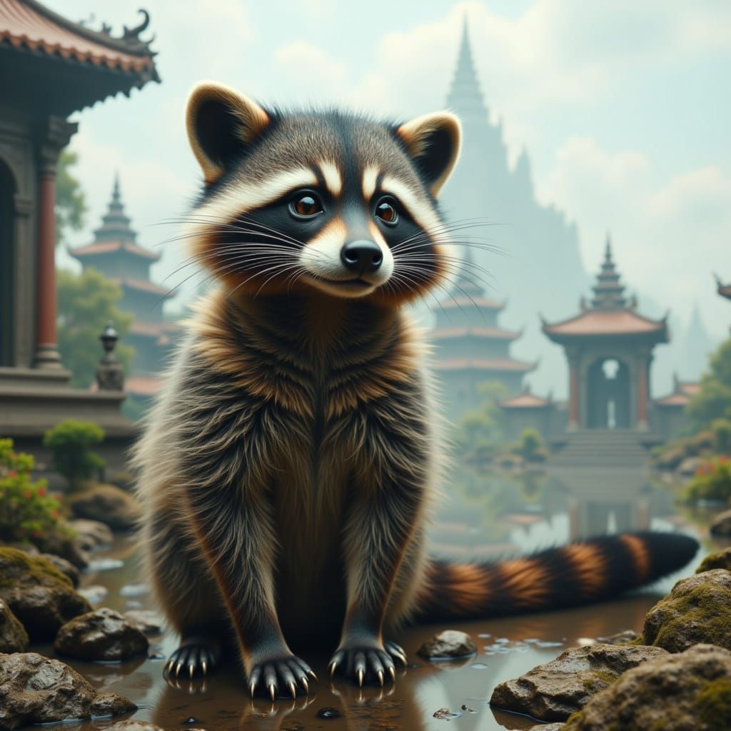 Miniature Cuddly Raccoon Towers Over Quaint Town