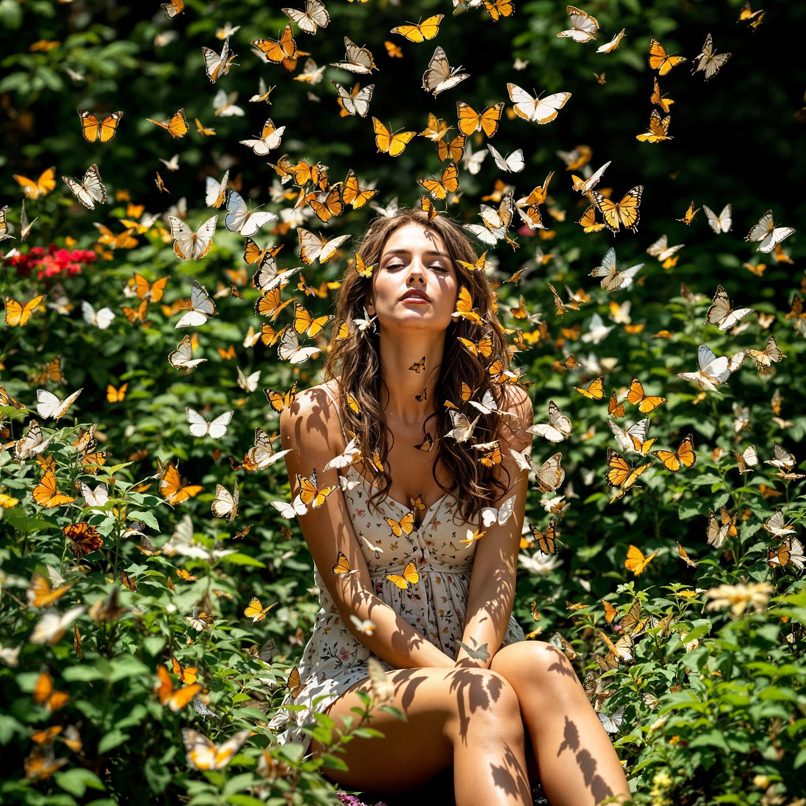 Whimsical Woman Surrounded by Vibrant Butterflies in a Lush ...