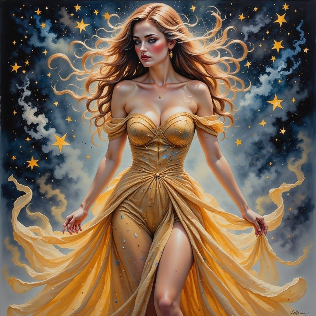 Beautiful Woman in Starry Watercolour Portrait