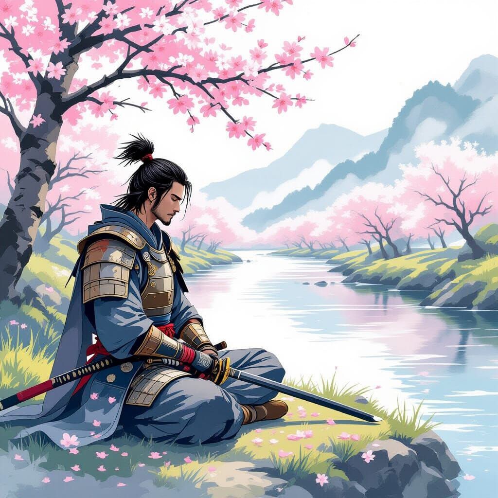 Samurai Meditating by Cherry Blossom River in Yoshitaka Aman...