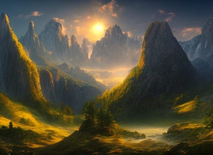 Majestic Mountain Range Sunrise: Digital Matte Painting